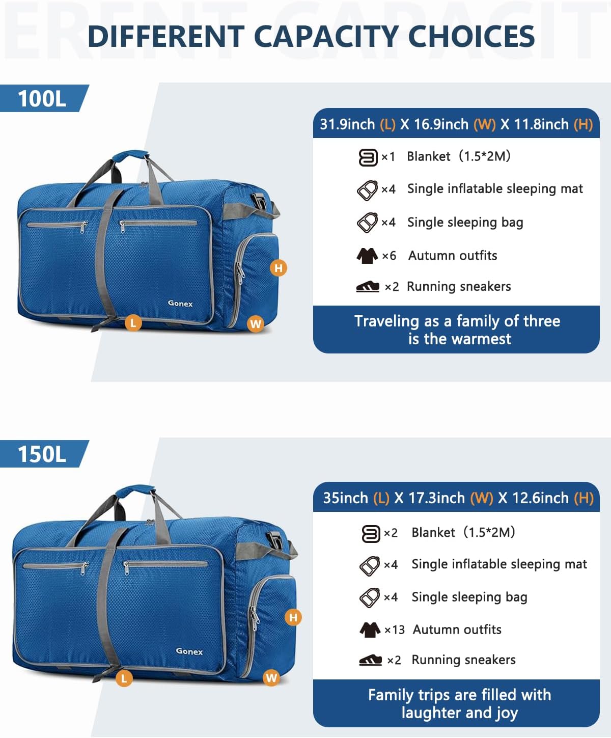 Gonex 40L 60L 80L 100L 150L Large Foldable Travel Duffle Bag with Shoes Compartment, Packable
