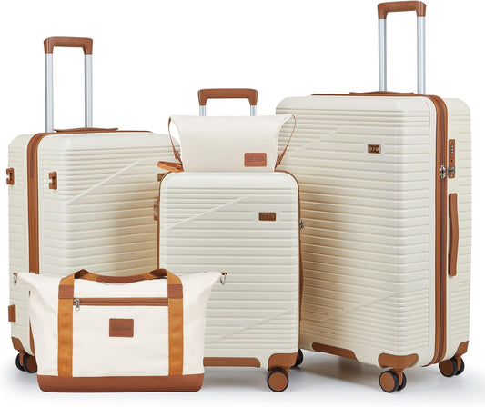 Luggage Sets 3 Piece, Hard Shell Carry on Suitcase with Spinner Wheels and TSA Lock, Travel Lightweight Luggage Set with YKK Zippers (Beige, 5 piece sets（20/24/28/DB/TB)