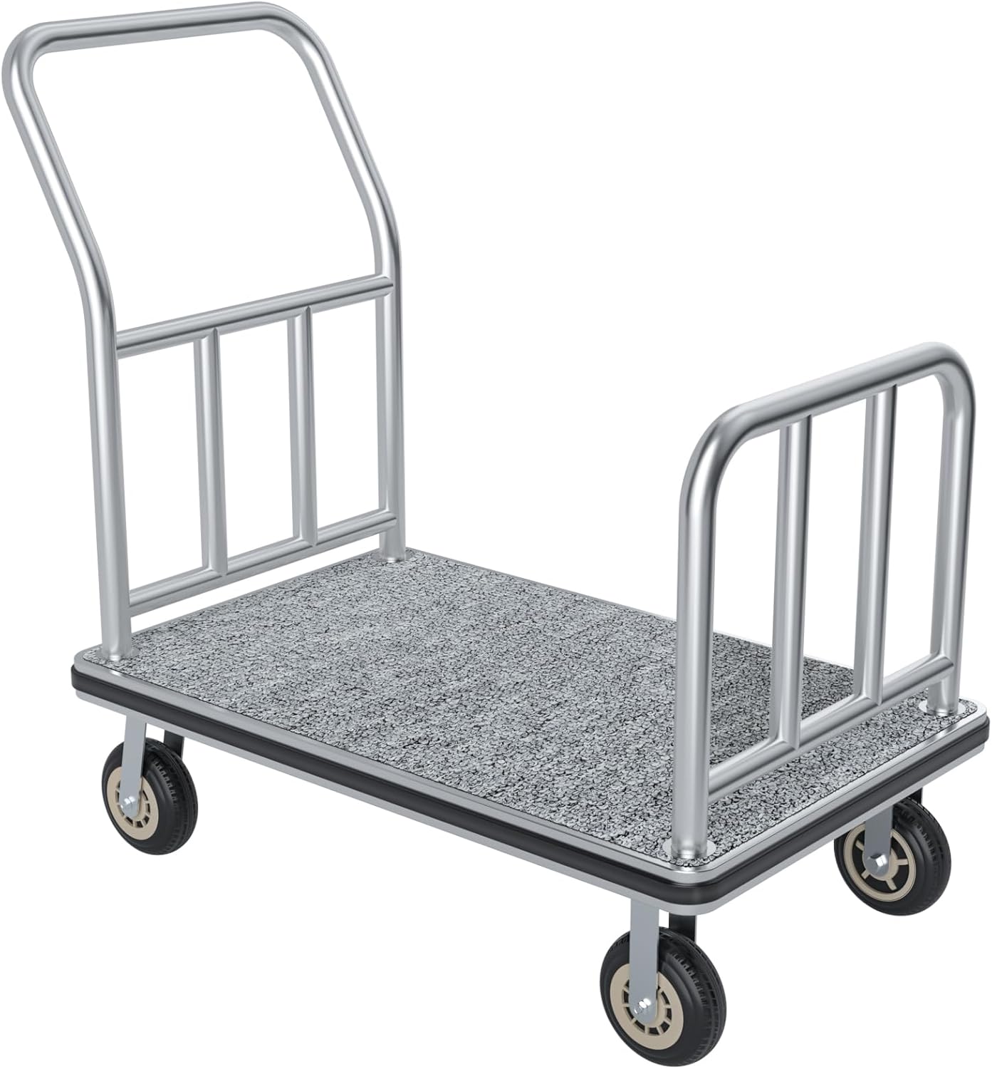 Hotel Luggage Cart, 900LBS Load Capacity Bellman's Cart with 8" Wheels, Brushed Stainless Steel Commercial Grade Hotel Luggage Trolley with Grey Carpeted Deck for Hotels (42''L x 25''W x 38''H)