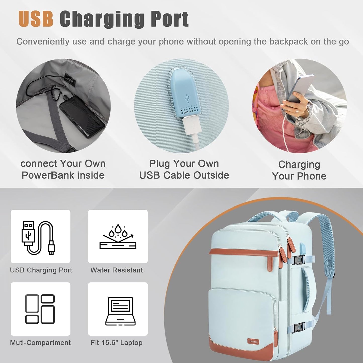 40L Travel Backpack with USB Charging Port, Water-Resistant Carry On Backpack for Men Women