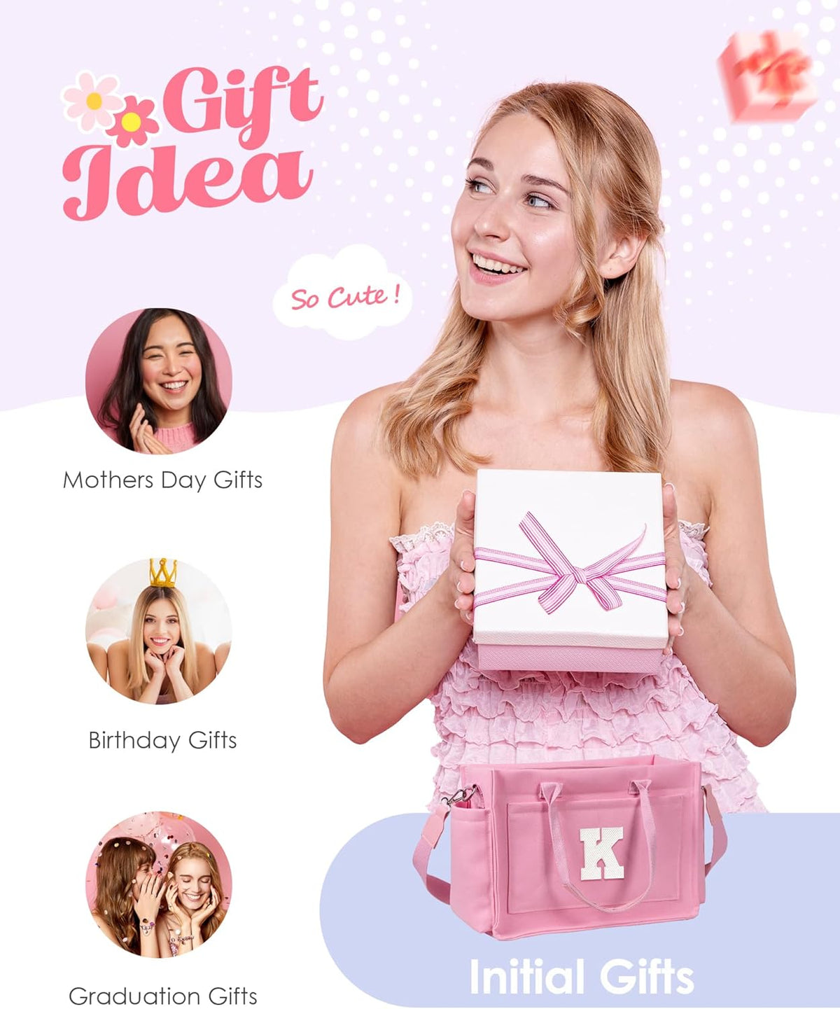 Gifts for Women Teen Girls, Initial Tote Bag with Zipper, Letter Canvas Tote Purse for College Work