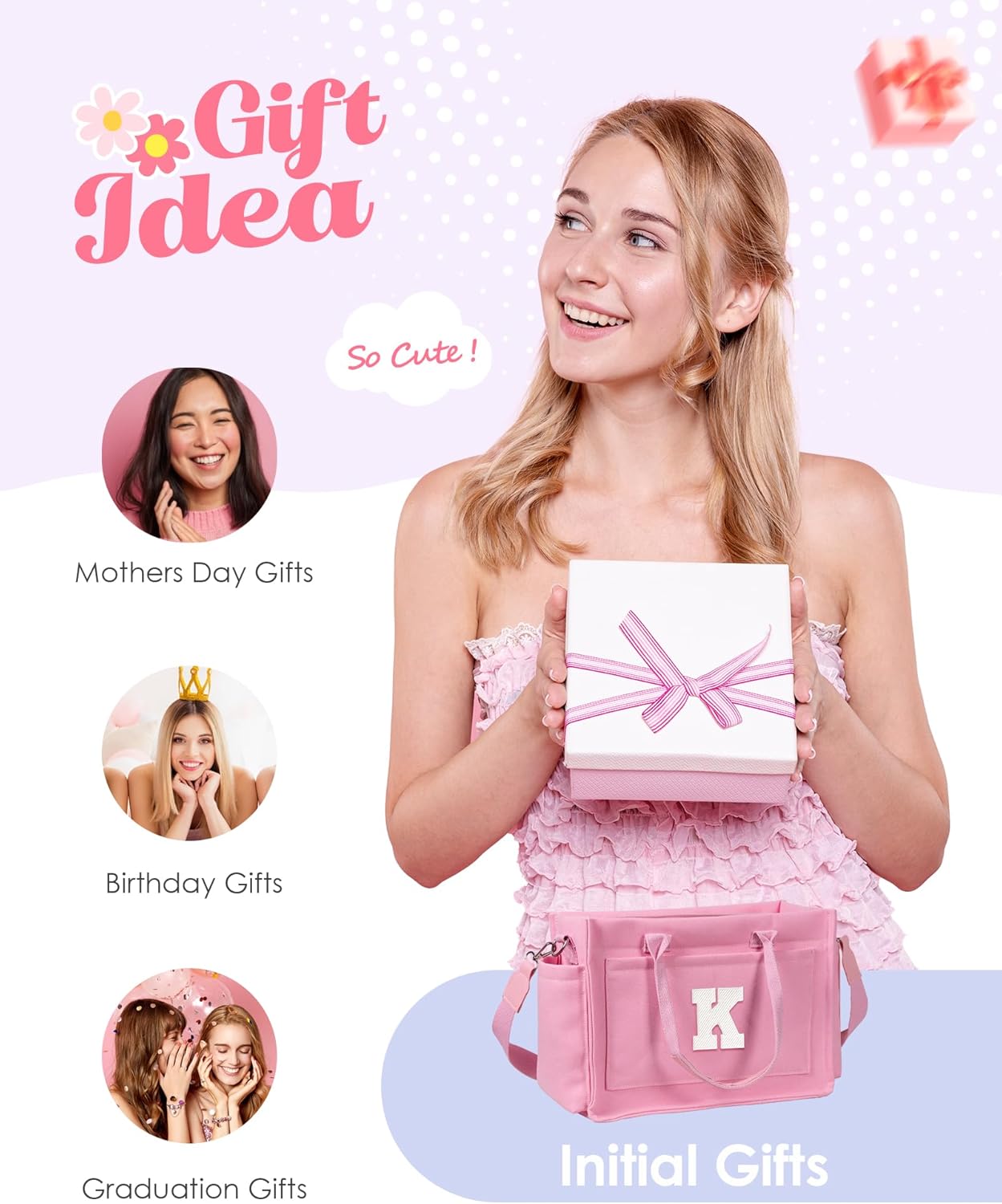 Gifts for Women Teen Girls, Initial Tote Bag with Zipper, Letter Canvas Tote Purse for College Work