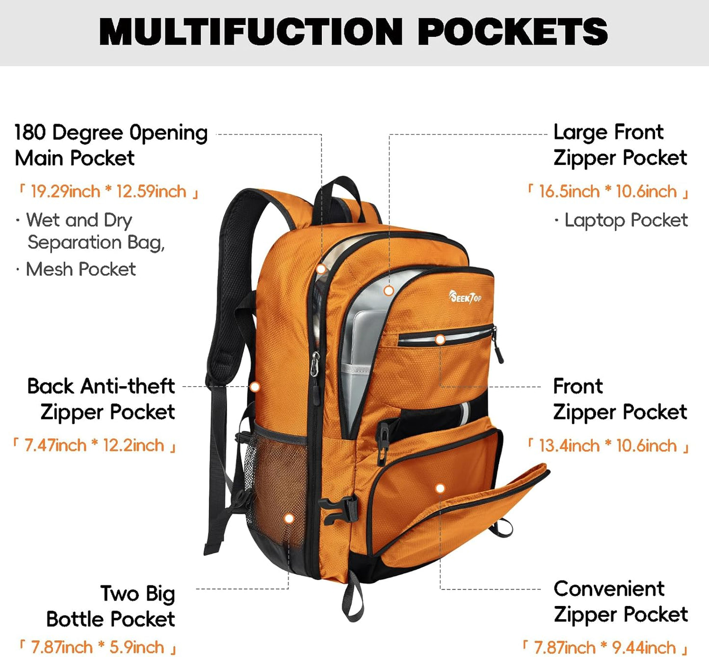 Seektop 40L Foldable Hiking Backpack for Women Men Lightweight Packable Travel Backpack Carry on Flight Approved for Outdoor Camping Sport Leisure (Orange)