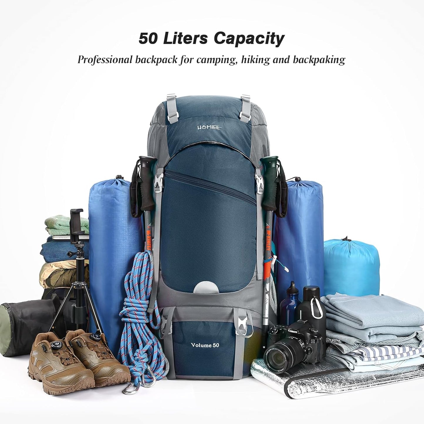 HOMIEE 50L Hiking Backpack Travel Bag Waterproof Camping Rucksack with Rain Cover Lightweight Backpacking Backpack