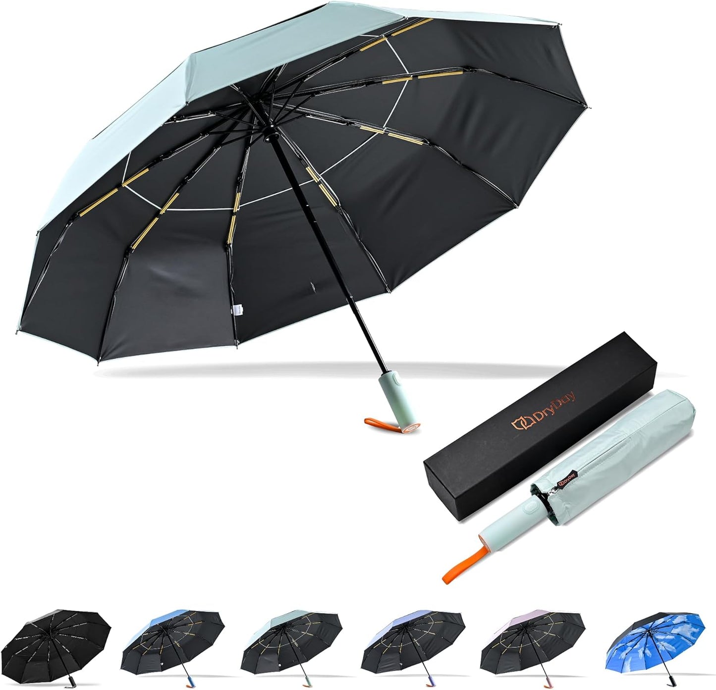 DryDay Travel Umbrellas for Rain - Large Windproof Double Canopy Umbrella, 10 Durable Ribs, Strong Frame, Auto Open Close Ergonomic Handle, Compact Waterproof Umbrella for Women & Men