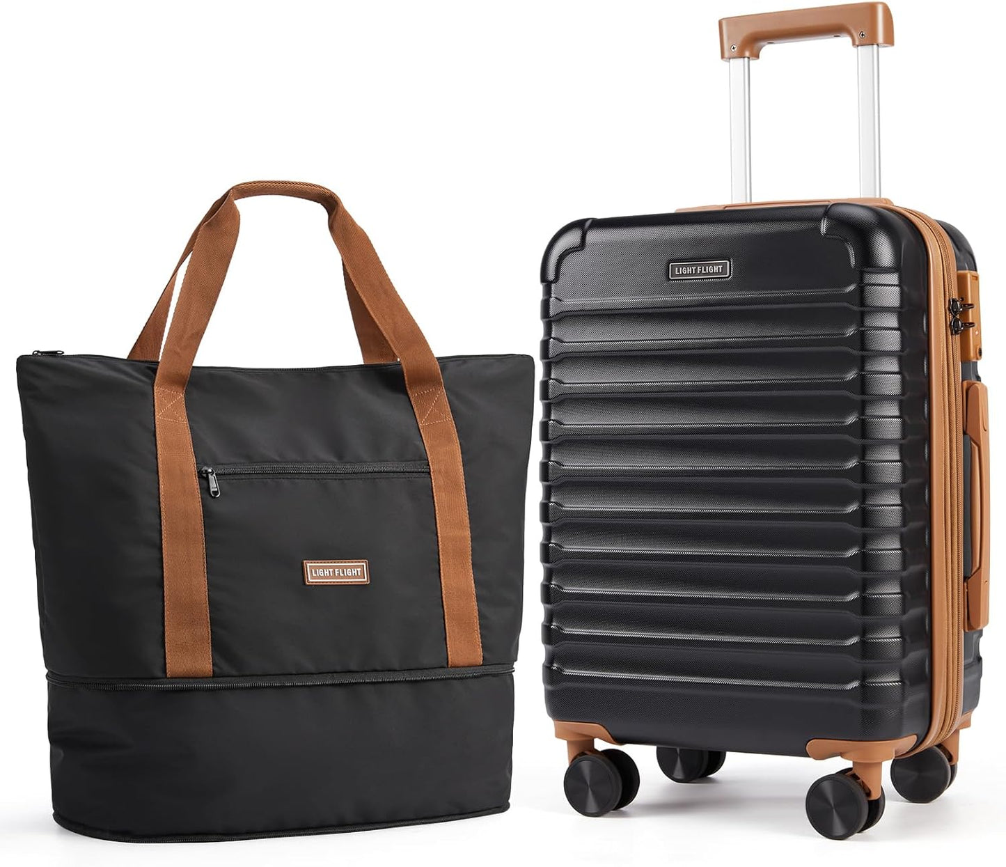 LIGHT FLIGHT Luggage Sets, Carry On Luggage 22x14x9 Airline Approved, Carry On Travel Bag Suitcases with Wheels, Expandable Hardside Lightweight Rolling with TSA Lock 2-Piece Set (DB/20),Black/Brown
