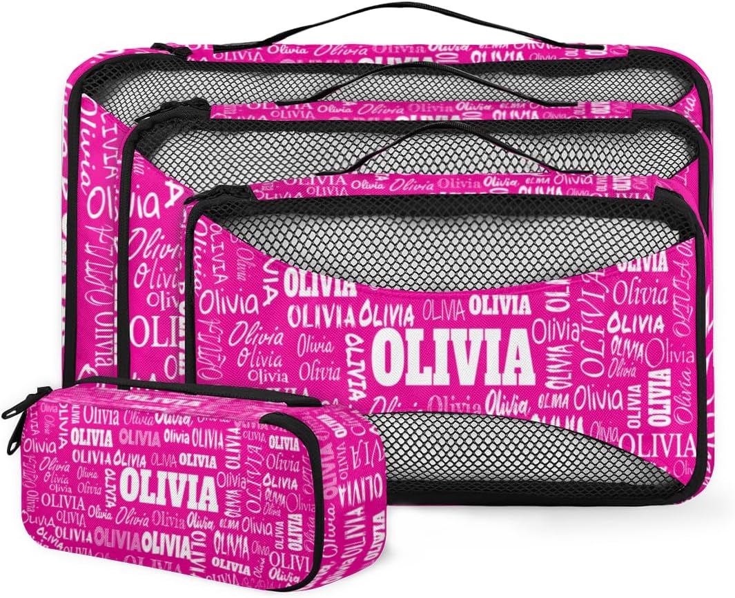 Custom Packing Cubes with Name - 4 Piece Packing Cubes Compression Luggage Suitcase Organizer Set, Deep Pink