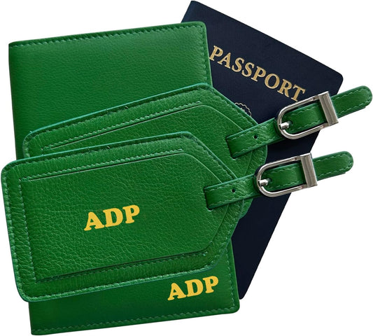 Personalized Monogrammed Emerald Green Leather RFID Passport Wallet and 2 Luggage Tags