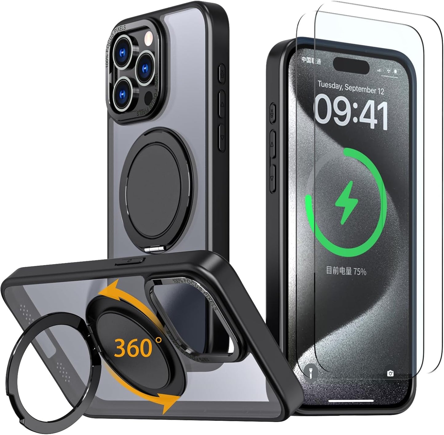 Magnetic Stand Case for iPhone 15 Pro Max [with 2 Tempered Glass Film] [360° Rotation Magnetic Stand] [Compatible with Magsafe] Military-Grade Drop Protection Case, Black