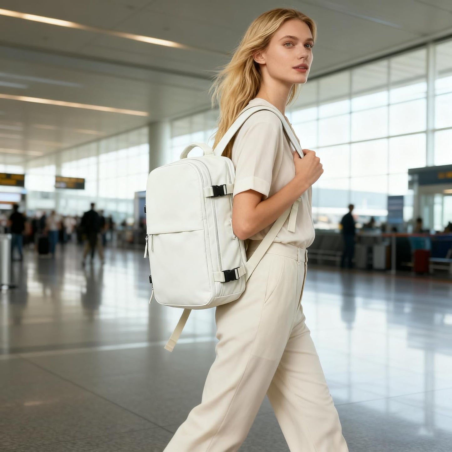 suwasp Vacuum Compression Backpack, 45L Expandable Travel Backpack with Electric Vacpack Pump, Travel Vacuum Bags with Shoe Compartment/17inch Laptop Compartment/USB Port, White