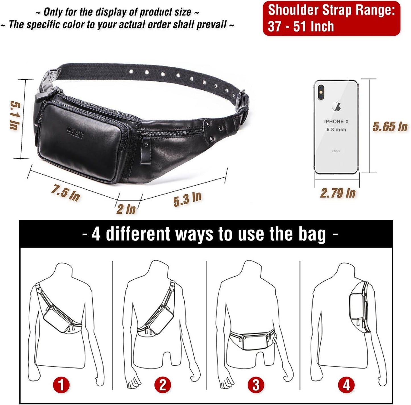 Top Grain Genuine Leather Slim Waist Pack for Man & Woman, Vintage Design & 4 Zipper Pockets & Adjustable Strap, Handmade, Large Capacity Fanny Pack Crossbody Belt Bag for Travel or Ride, Glossy Black