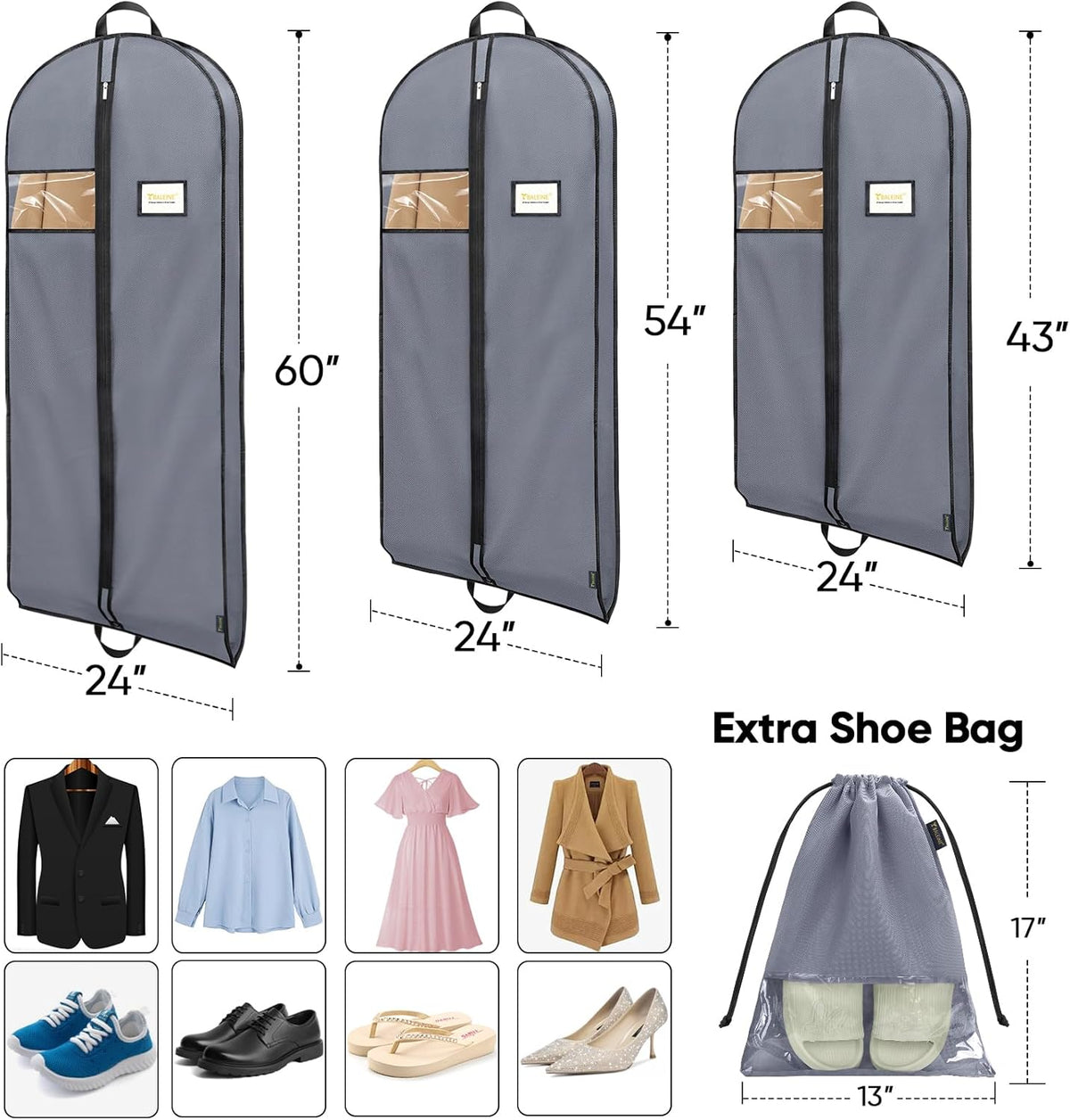 BALEINE 5PK Heavy Duty Garment Bag with Shoe Storage Travel Bag for Dresses, Suit, Coats Travel