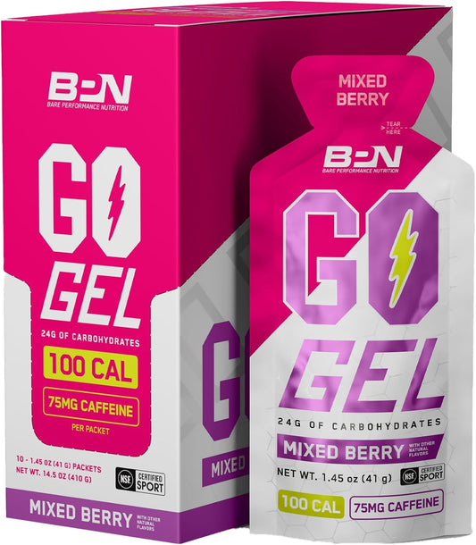 BARE PERFORMANCE NUTRITION, BPN Go Gel Endurance, 24g of Carbohydrates & 100 Calories per Pack, Vegan + Gluten Free Running Gel, 10 Single-Serving Packs, Caffeinated Mixed Berry