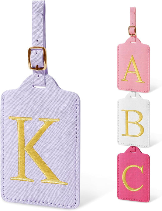 Personalized Initial Luggage Tags for Suitcases, Cute PU Leather Embroidered Letter Travel Luggage Tags, Suitcase Identifier Name Baggage Tag, Bag Tags for Men Women Kids Luggage Handbags(Purple K)