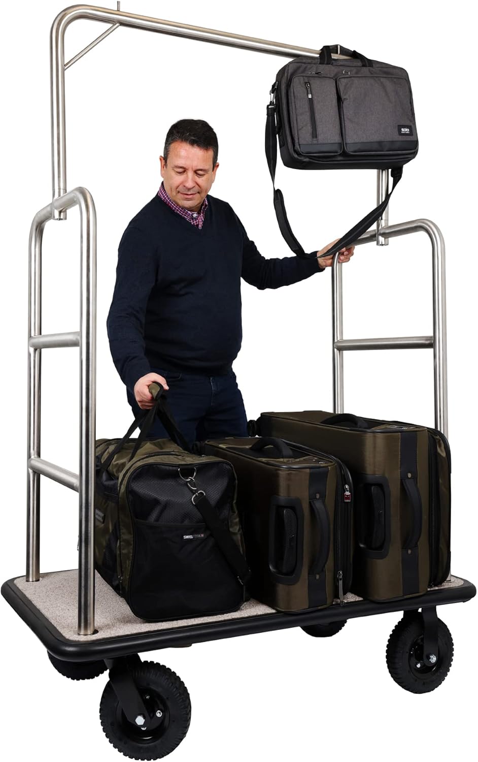 Stainless Steel Luggage Cart – Hotel Bellman Heavy Duty 1.5" Welded Steel Frame Valet Cart w/Grey Carpeted Deck & Rubber Wheels – Wheels for Travel & Outdoor Use - 1200 lb