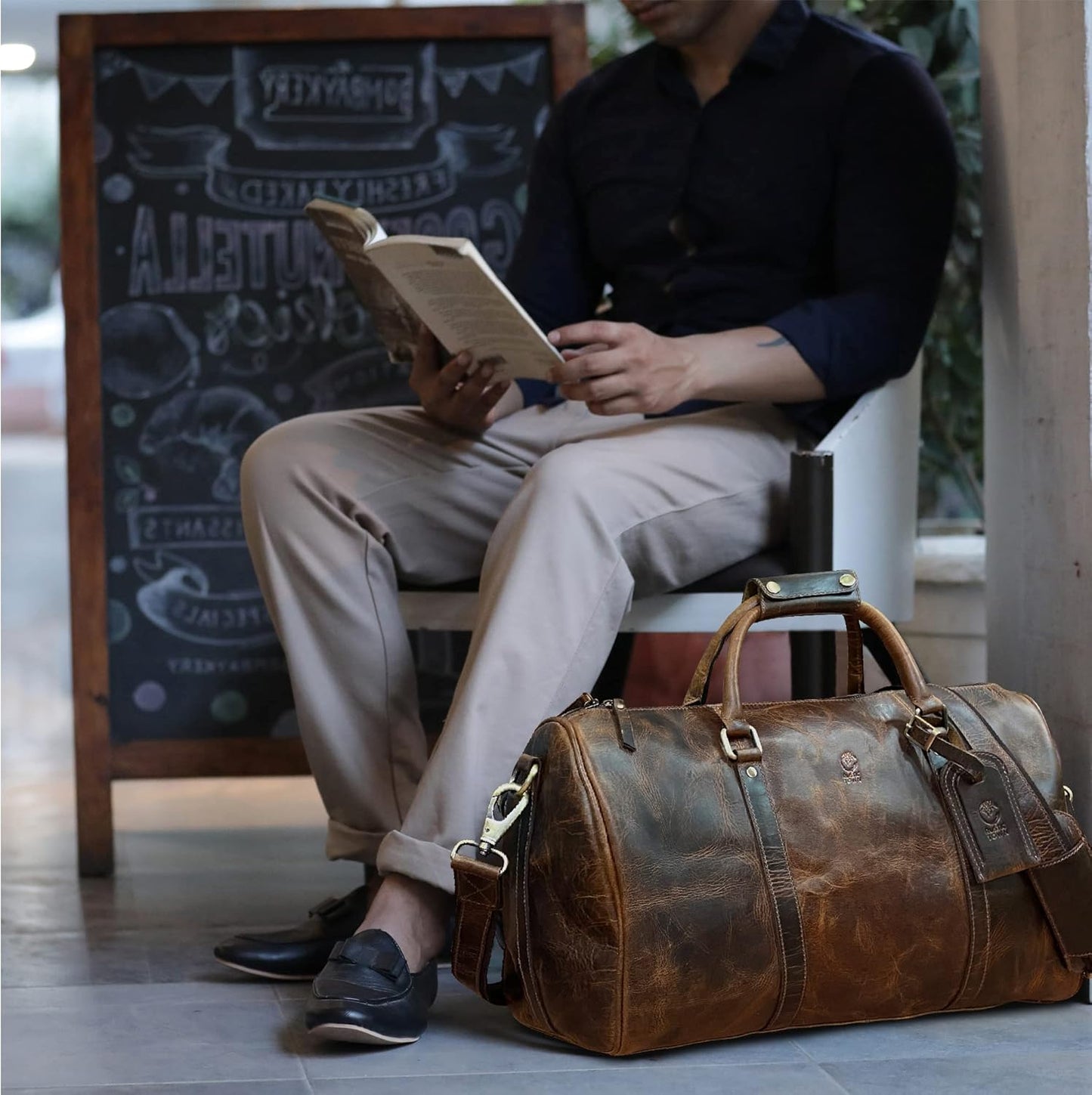Leather Holdall Bags for Men - Travel Overnight Duffle - Weekend Carry On Suitcase - Underseat Flight Cabin Duffel Bag, Brown, L, Mens leather weekend bag