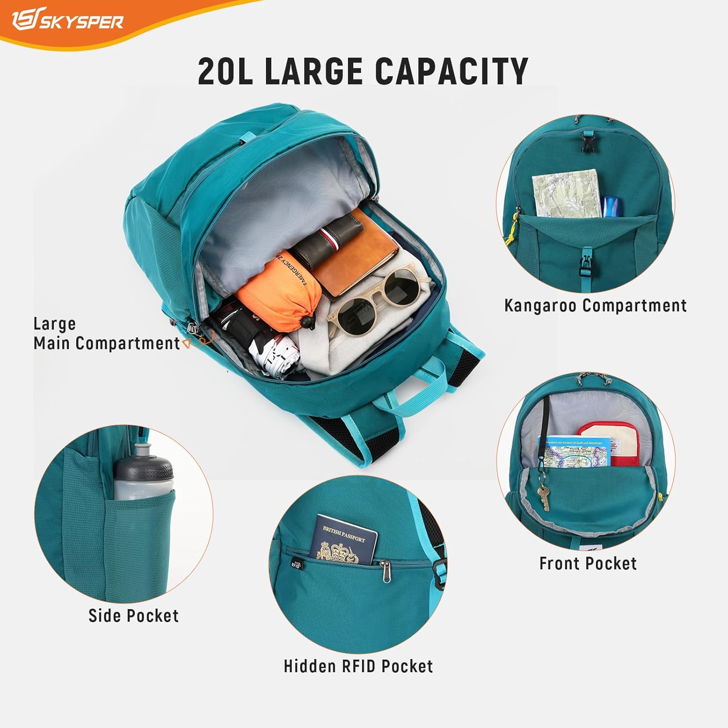 SKYSPER Small Hiking Backpack for Men Women 20L RFID Packable Daypack Ultralight Foldable Back Pack