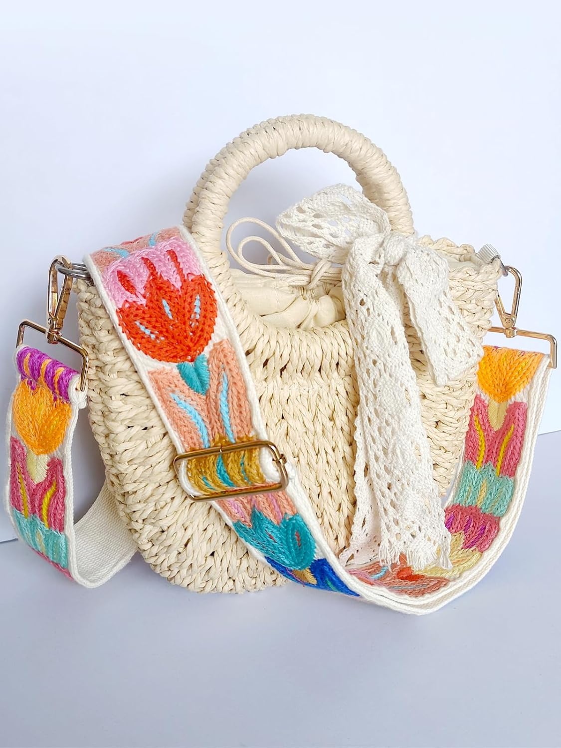 Embroidery Flower Purse Strap Replacement Crossbody 2 Inch Wide with Letter S Keychain for Women's Handbags