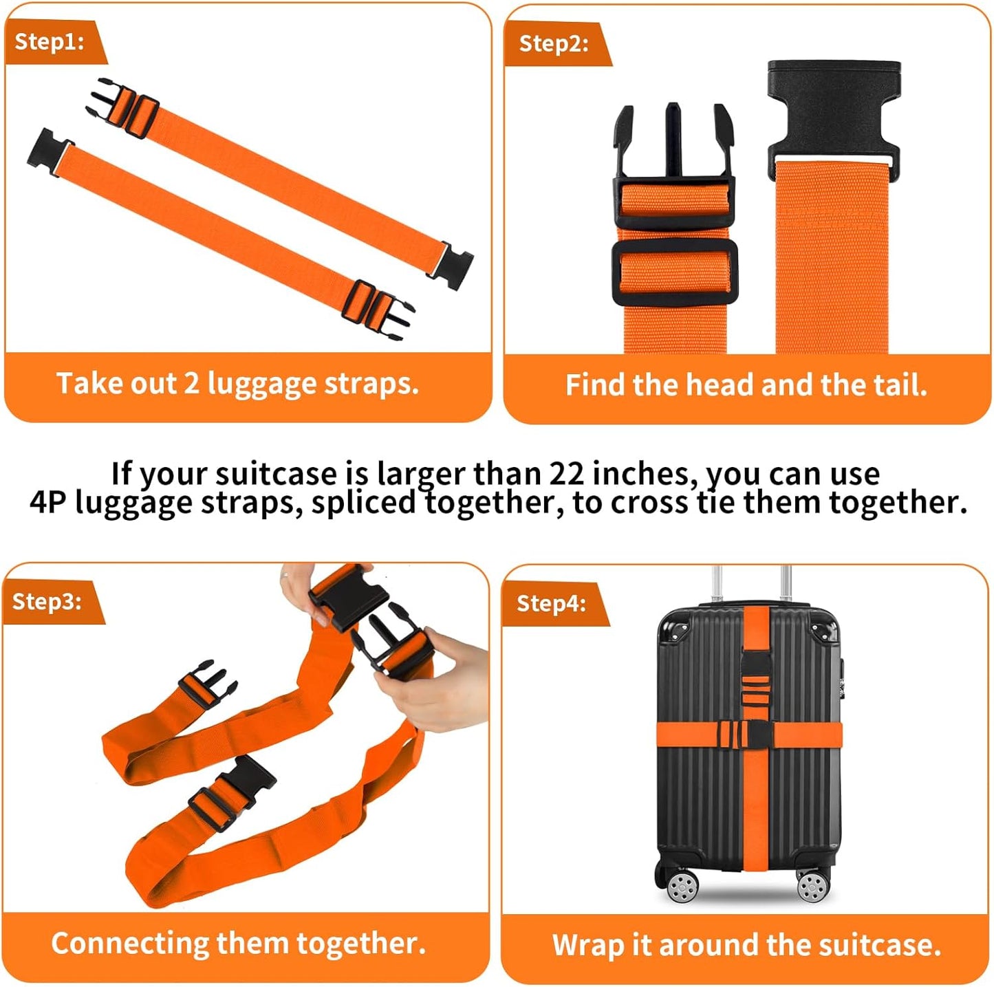 vivinin 4 Pack Luggage Straps, Luggage Belt with Buckle Closure, Adjustable Luggage Belt for Travel Bag Closure, Luggage Security (Orange)