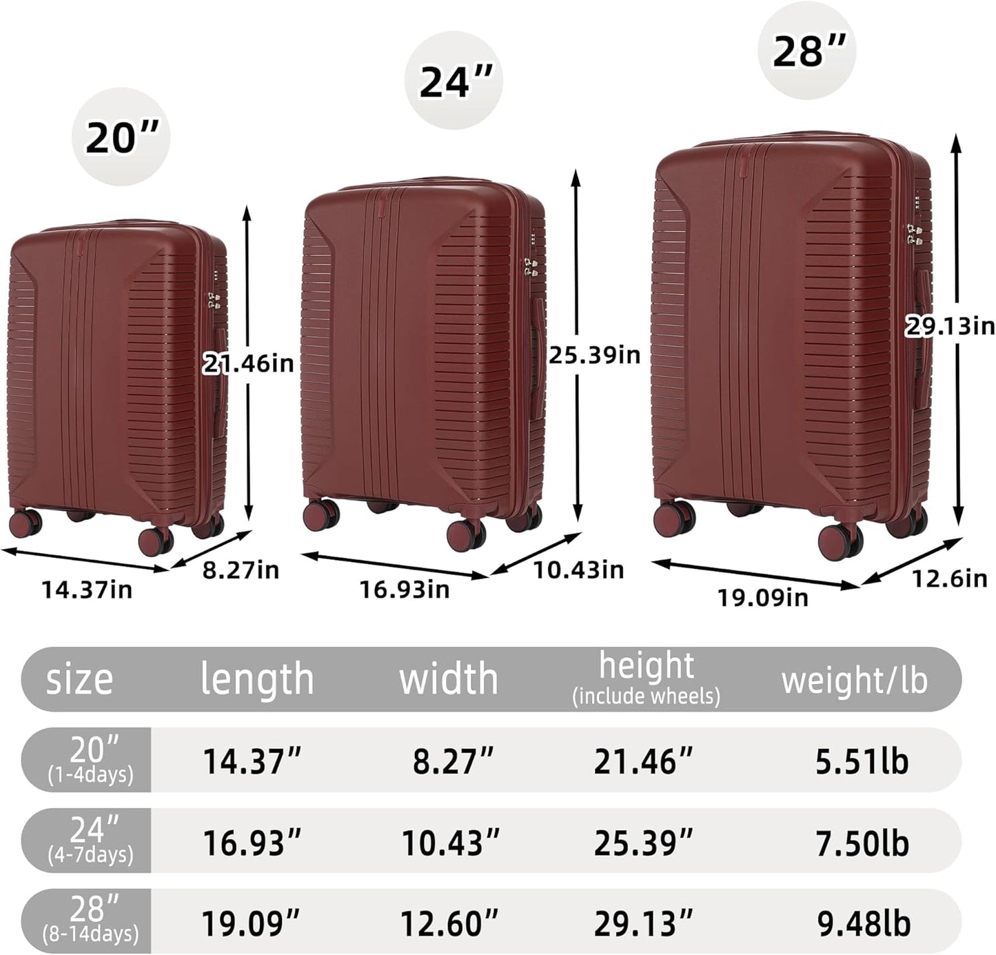 Campfun 3 Piece Luggage Sets, PP Suitcase Set with Double Spinner Wheels Hang Hook, Durable Carry On Luggage with Combination Lock, 20/24/28 inch, Red