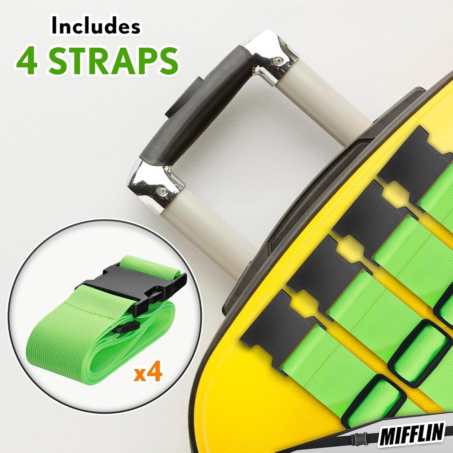 Luggage Straps - Neon Green, 78" Long, 2 Inches Wide, 4 Pack - Adjustable Nylon Belt for Travel Suitcases & Bags - by Mifflin-USA