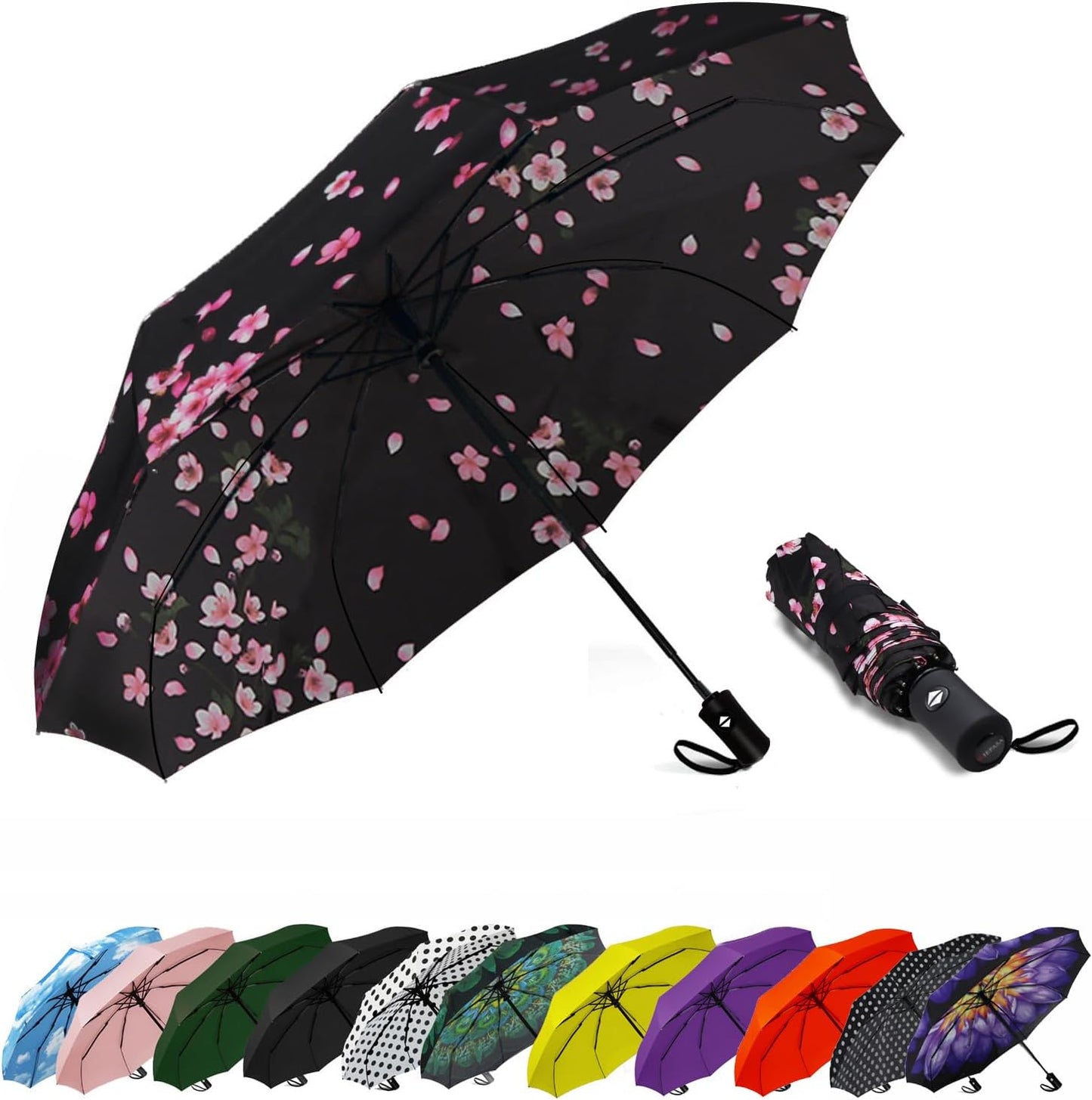 SIEPASA Sakura Windproof Travel Compact Umbrella - Automatic Umbrellas for Rain, Fiberglass Frame, Plastic Handle, Half Round Shape, Portable, Small, Lightweight, Ideal for Men and Women