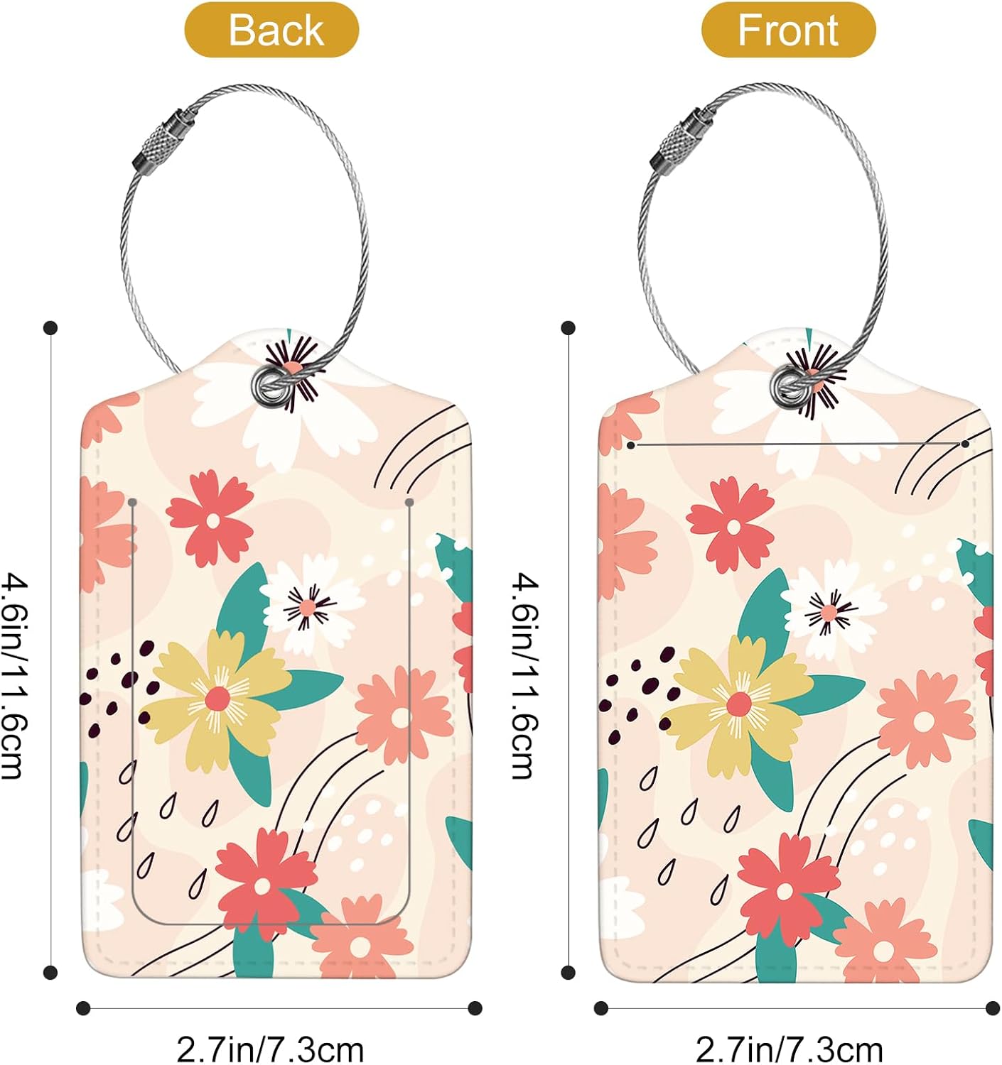 2Pack Luggage Tags for Suitcases, Cute Unique Pu Leather Cruise Luggage Tag with Privacy Cover ID Label Address Card and Metal Ring Suitable for Women Men Kids Travel Bag Pink Green Crushed Flower