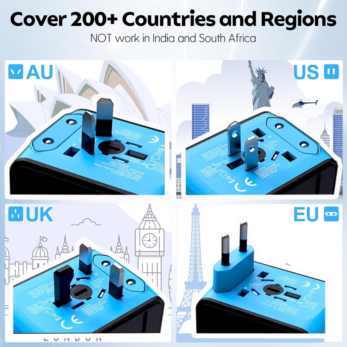 JMFONE Universal Travel Adapter with 4 USB C/A Ports and AC Outlets, All-in-One International Power Plug Adapter for All USB Devices, Worldwide Travel Charger for Europe US UK AU 200+ Countries(Blue)