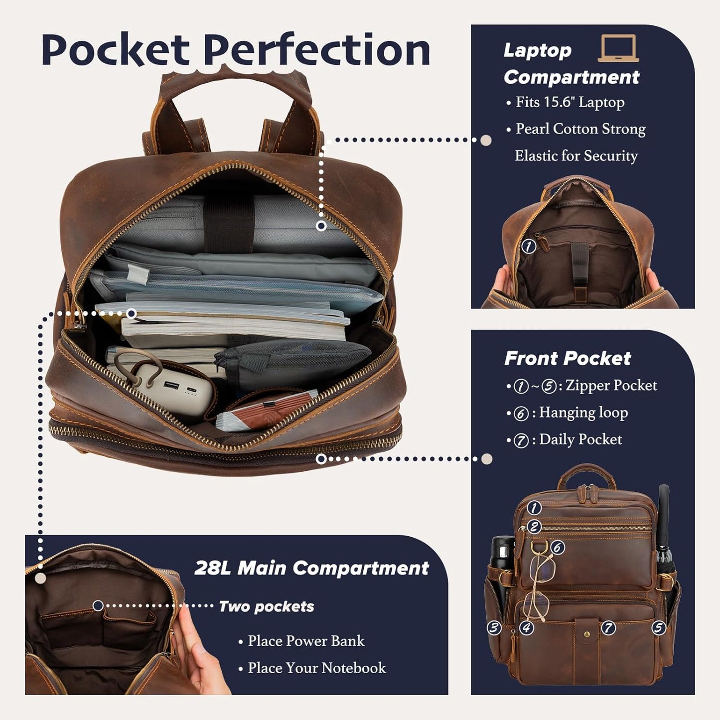 Leather Backpack for Men 15.6" Laptop Backpack 100% Madagascar top-Grain Leather Backpack Brown Large Size