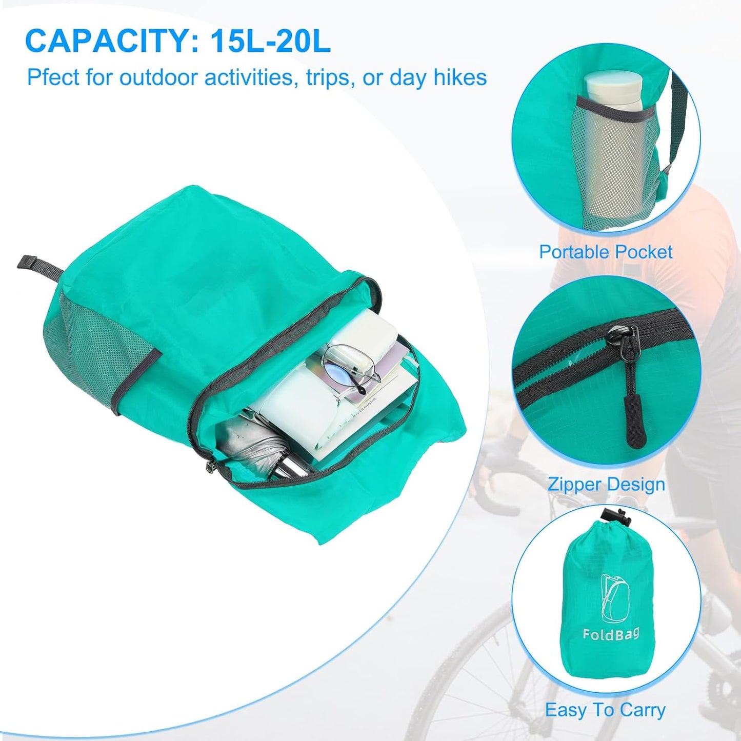 PATIKIL Hiking Backpack, 15L-20L Packable Lightweight Backpack Daypack Small Foldable Outdoor Camping Cycling Backpacking Shoulder Bag, Lake Blue