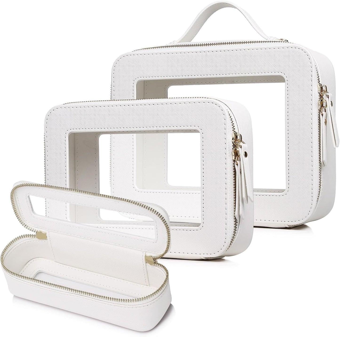 Travel Makeup Set Waterproof Transparent Cosmetic Bag and Toiletry Bag Makeup Brush case with Zipper Car Essentials for Women (White, L+M+SLIM)