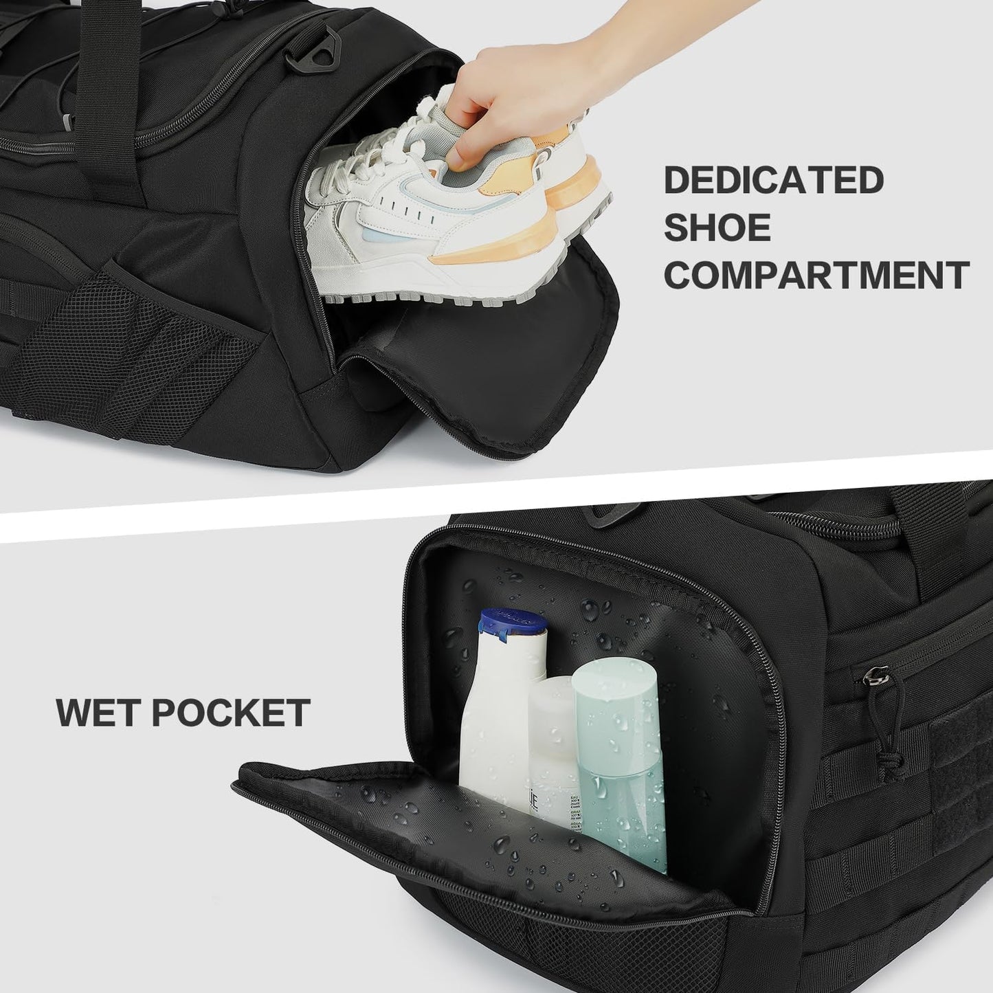 3-in-1 Tactical Gym & Travel Duffle Bag Backpack Men Multi-Functional 45L Military Sports Duffle Bag with Shoe Compartment & Wet Pocket for Workout Weekender Overnight Bag with Molle Webbing, Black