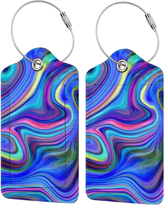 2-Packs Blue Purple Abstract Art Luggage Tags for Suitcases, Colorful Travel Label Tag with Privacy Cover Address Name ID & Stainless Steel Loop for for Adults Teens