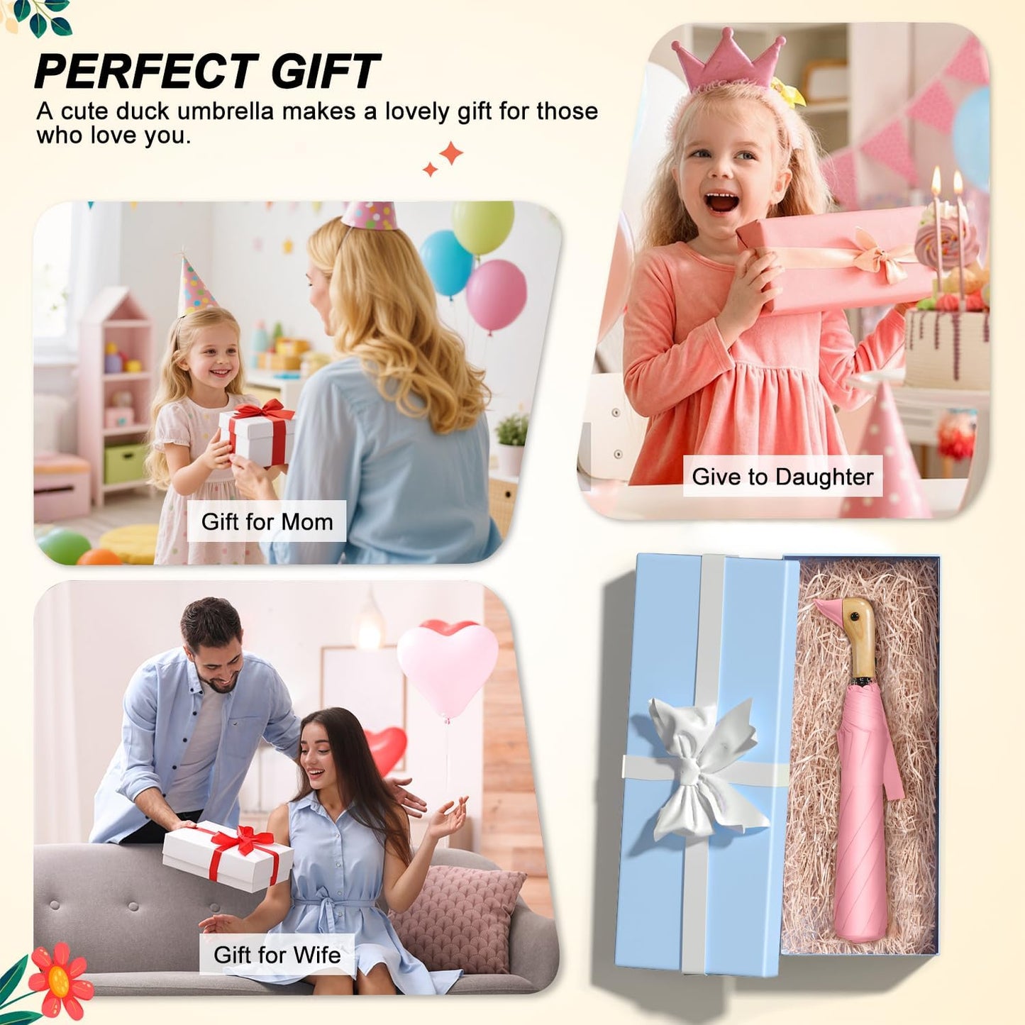 Duck Handle Umbrella Kids - Compact Portable Folding Lightweight Small Strong Wooden Duck Windproof Travel Umbrella for Kids Gifts