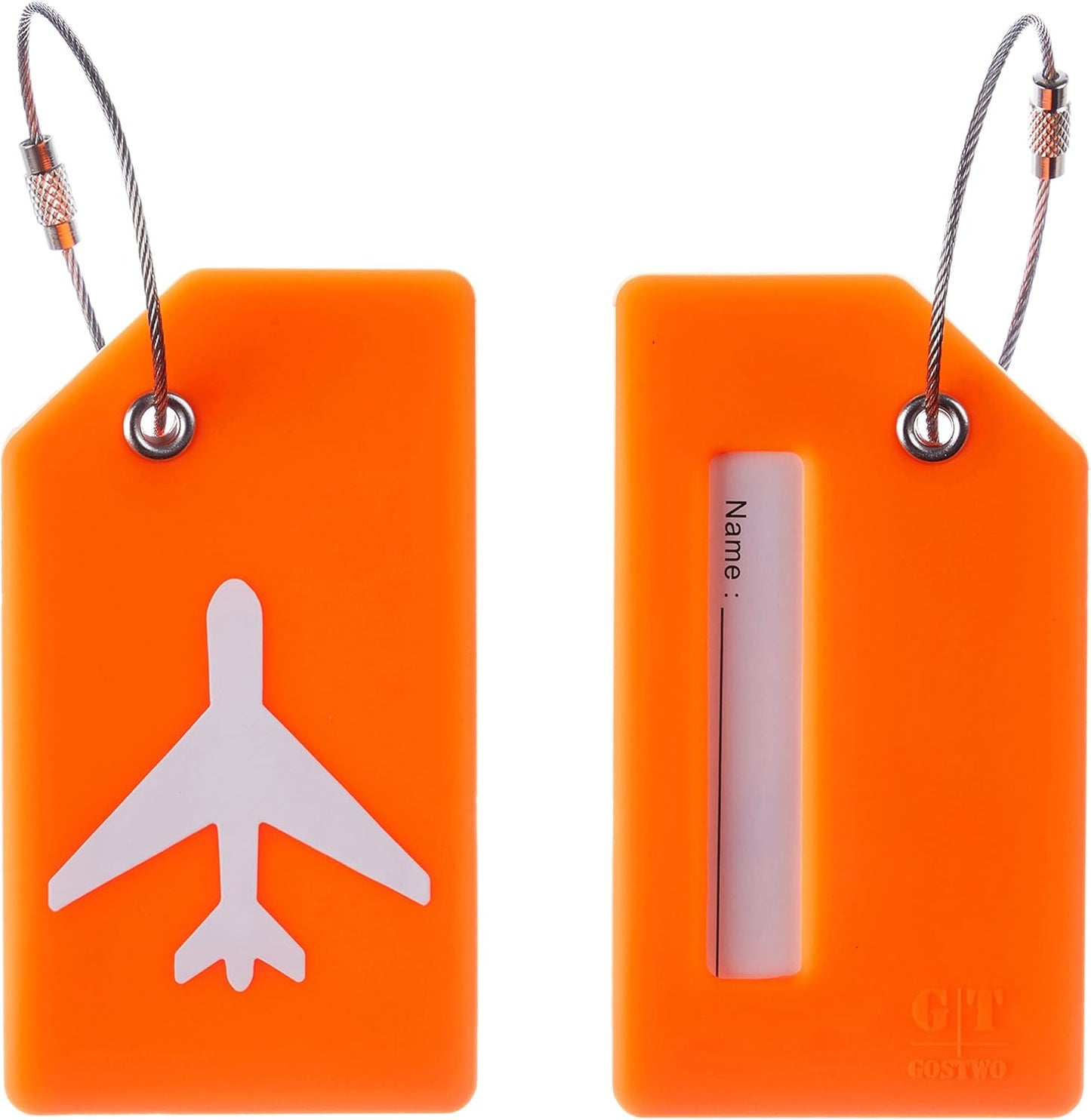 Gostwo 2 Pack Silicone Luggage Tags for Suitcases, 26 Initial Letter Baggage Labels Handbag School Bag Suitcase Instrument Tag with Stainless Steel Loop(Orange)(Airplane)