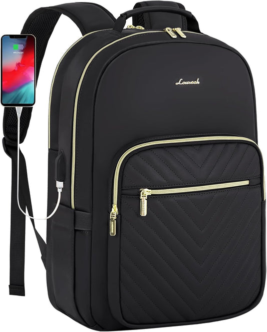 LOVEVOOK Leather Backpacks for Women,17.3 inch Leather Laptop Backpack Women Computer Backpack Laptop Bag,Stylish Quilted Travel Backpack Purse Work Bag College Teacher Backpacks with USB Port,Black