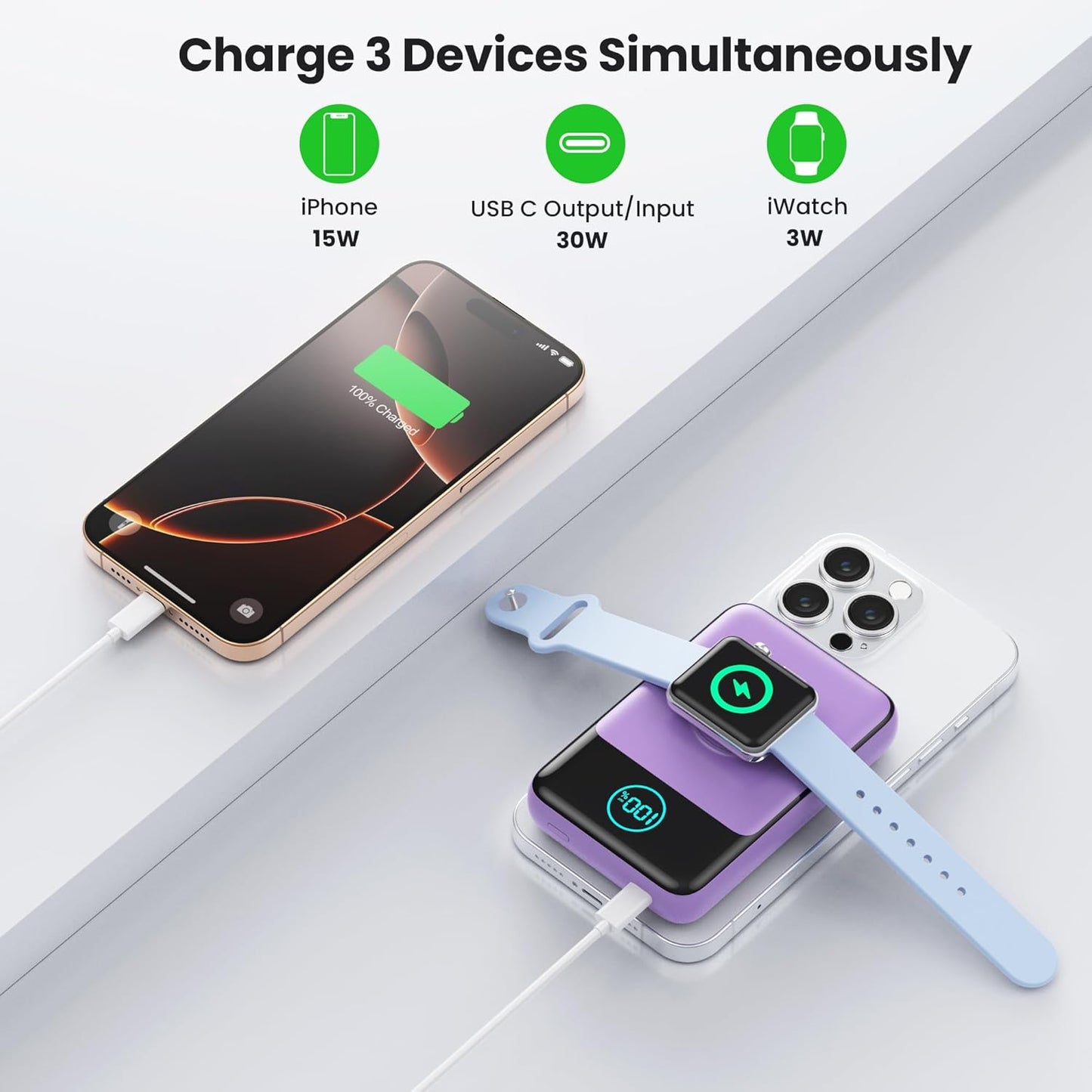 Magnetic Portable Charger for iPhone, 10800mAh Qi2 15W Wireless Power Bank with iWatch Charger,30W PD Fast Charging USB-C Travel Essentials Battery Pack for Magsafe,iPhone 17/16/15/14/13, Apple Watch
