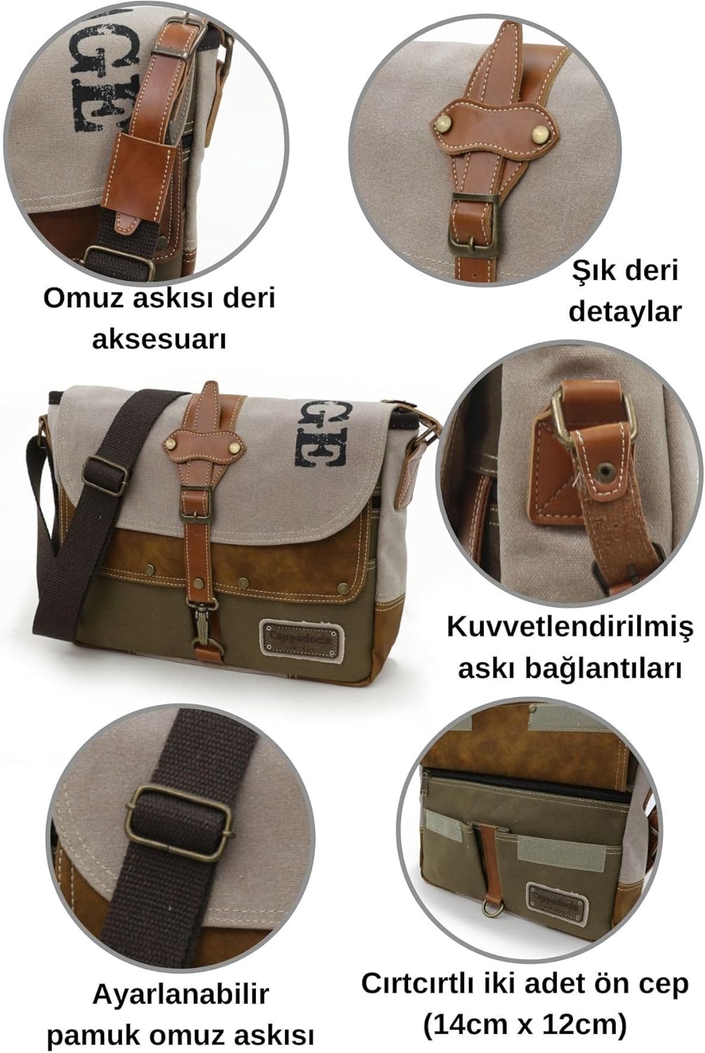 Antiochia 4046 Messenger Bag, Leather Detailed Shoulder Laptop Bag, Unisex Style for Daily, Travel