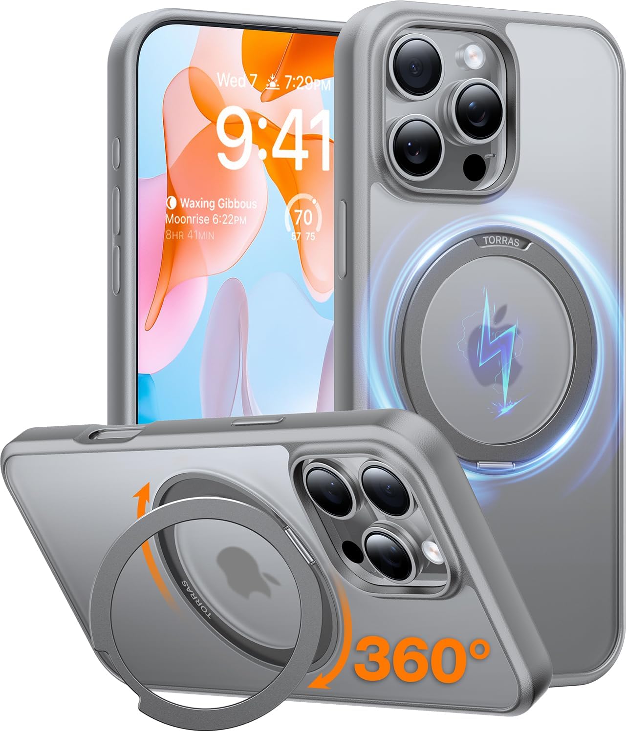 TORRAS 360 Rotatable Magnetic Ring Only for iPhone 16 Pro Max Case, Fit for MagSafe with Stand Ring Holder, 16FT Mil-Grade Shockproof Translucent for iPhone 16 Pro Max PC&TPU Case Ostand, Grey