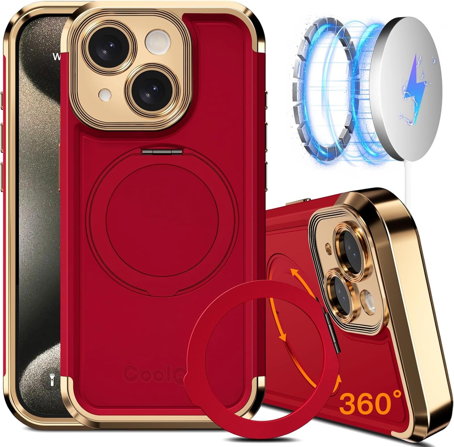 COOLQO for iPhone 15 Plus Case 6.7'' Upgraded 360° Spin Magnetic Stand [Compatible with Magsafe][Military Protection] Shockproof Protective Phone Holder Cover for iPhone 15 Plus, Red Gold