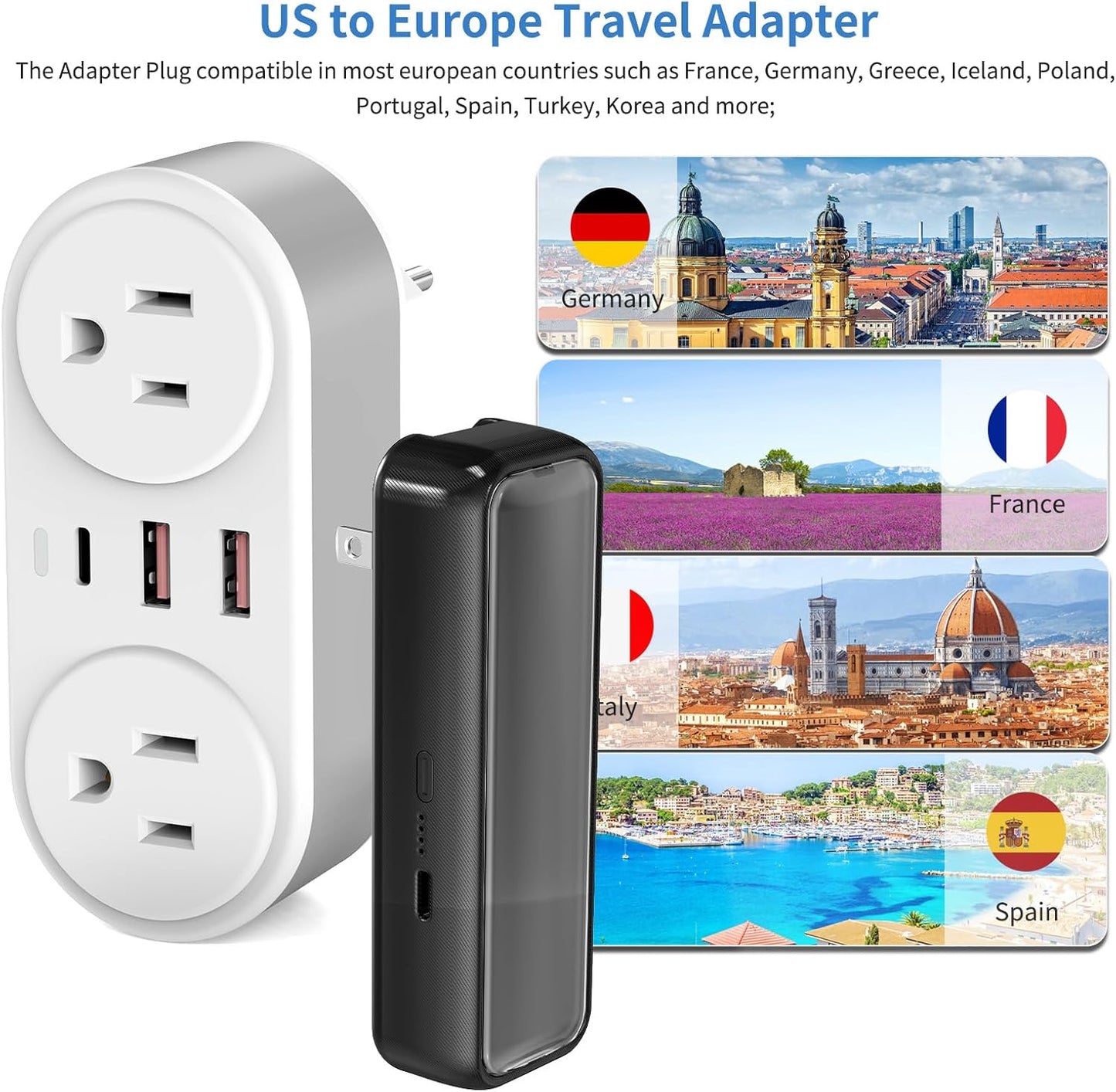 European Travel Plug Adapter & Power Bank – PD20W Fast Charger, CHUAFIUR US to Europe Plug Adapter with 2 Outlets 3 USB Charging Ports, PD 20W Fast Charger + 5000 mAh Power Bank, Traveling Essentials