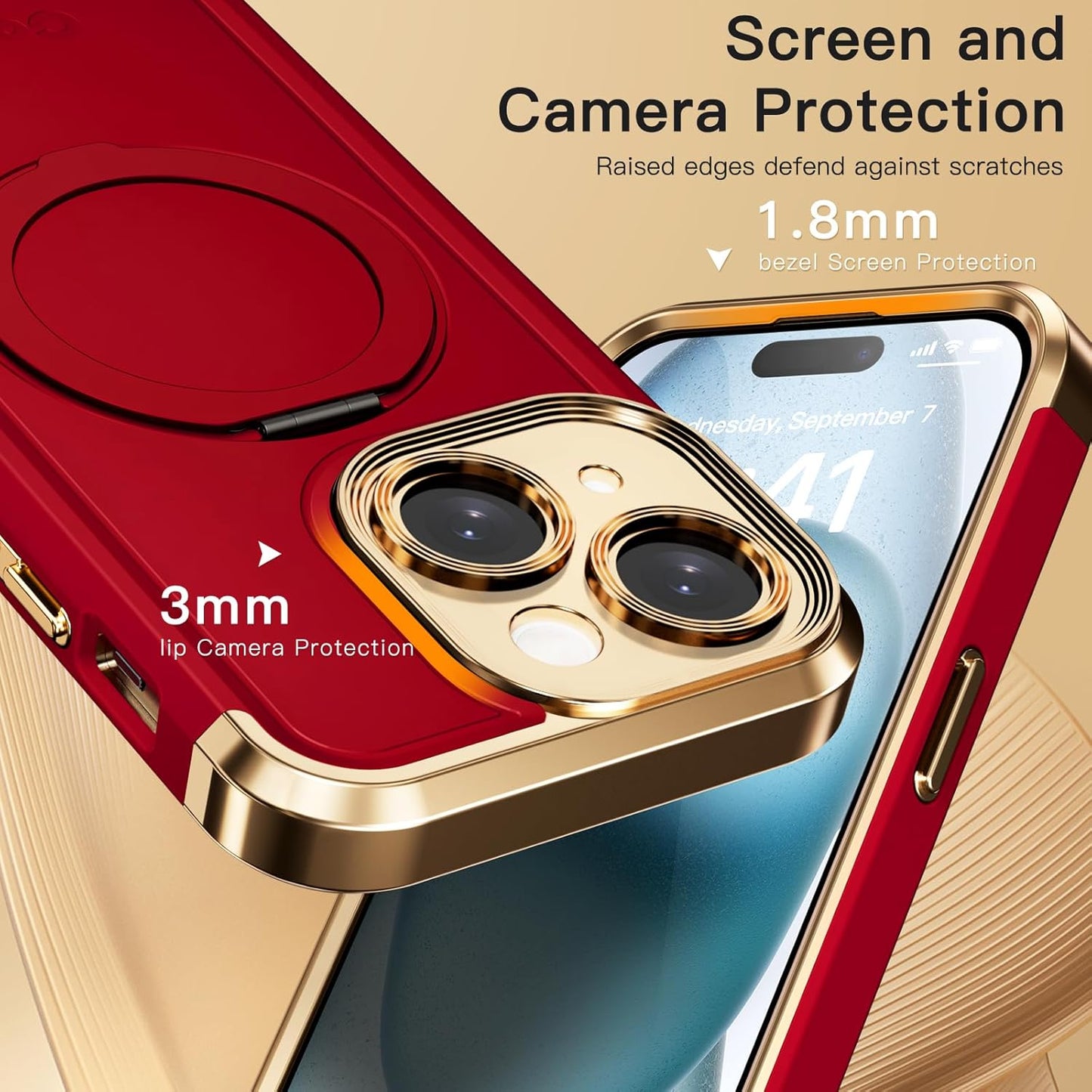 COOLQO for iPhone 15 Case 6.1'' Upgraded 360° Spin Magnetic Stand [Compatible with Magsafe][Military Protection] Plating Matte Scratch-Resistant Back Protective Shockproof Phone Case, Red Gold