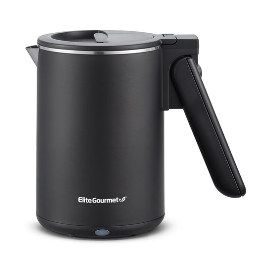 Elite Gourmet Dual-Voltage Travel Kettle, 0.6L Stainless Steel, Black