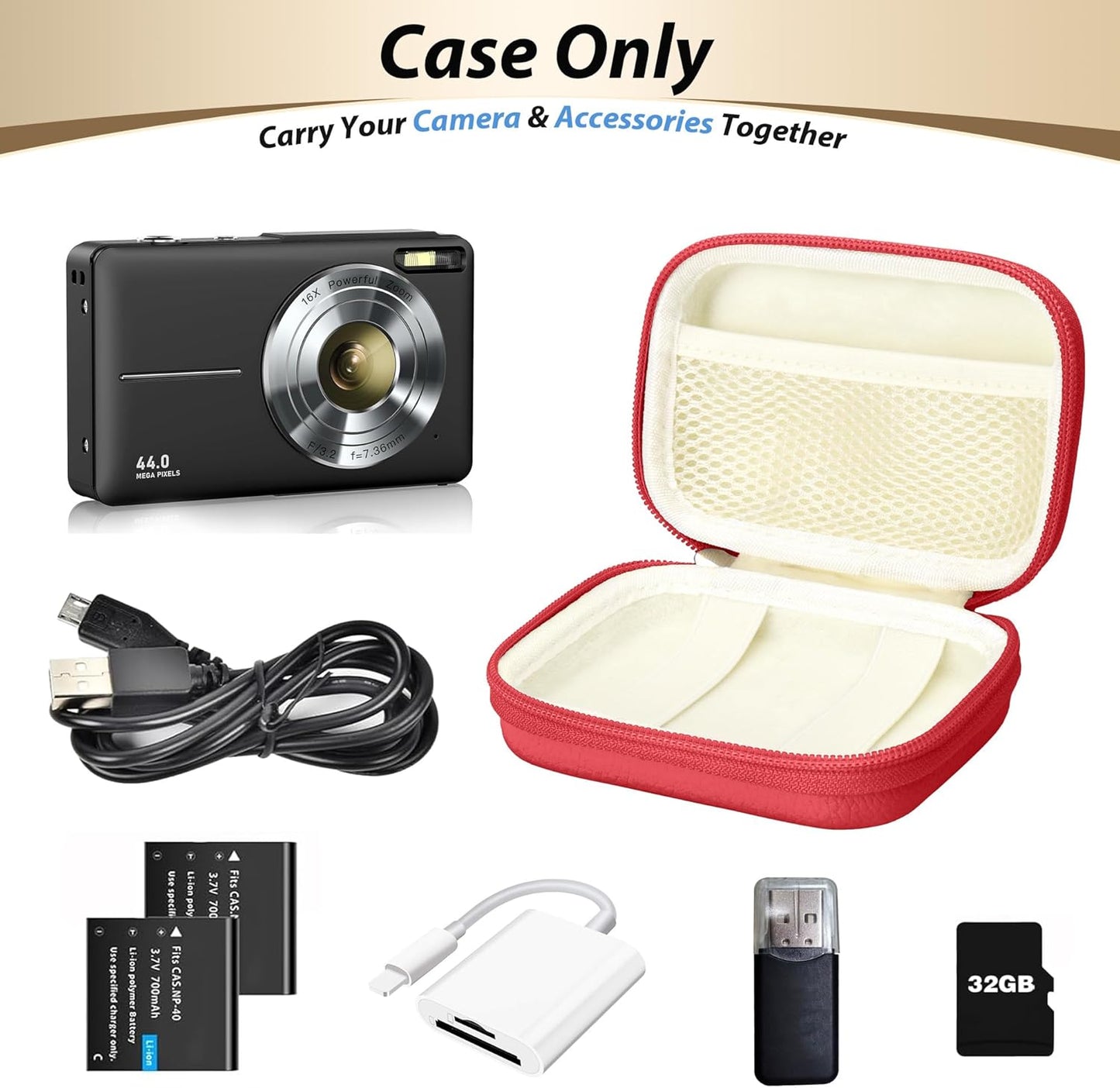 Digital Camera Case for CAMKORY, KODAK PIXPRO FZ45/FZ55, Canon IXUS 285 HS, Lecran, Small Travel Compact Camera Holder with Mesh Pocket for Accessories SD Card (Tomato Red)