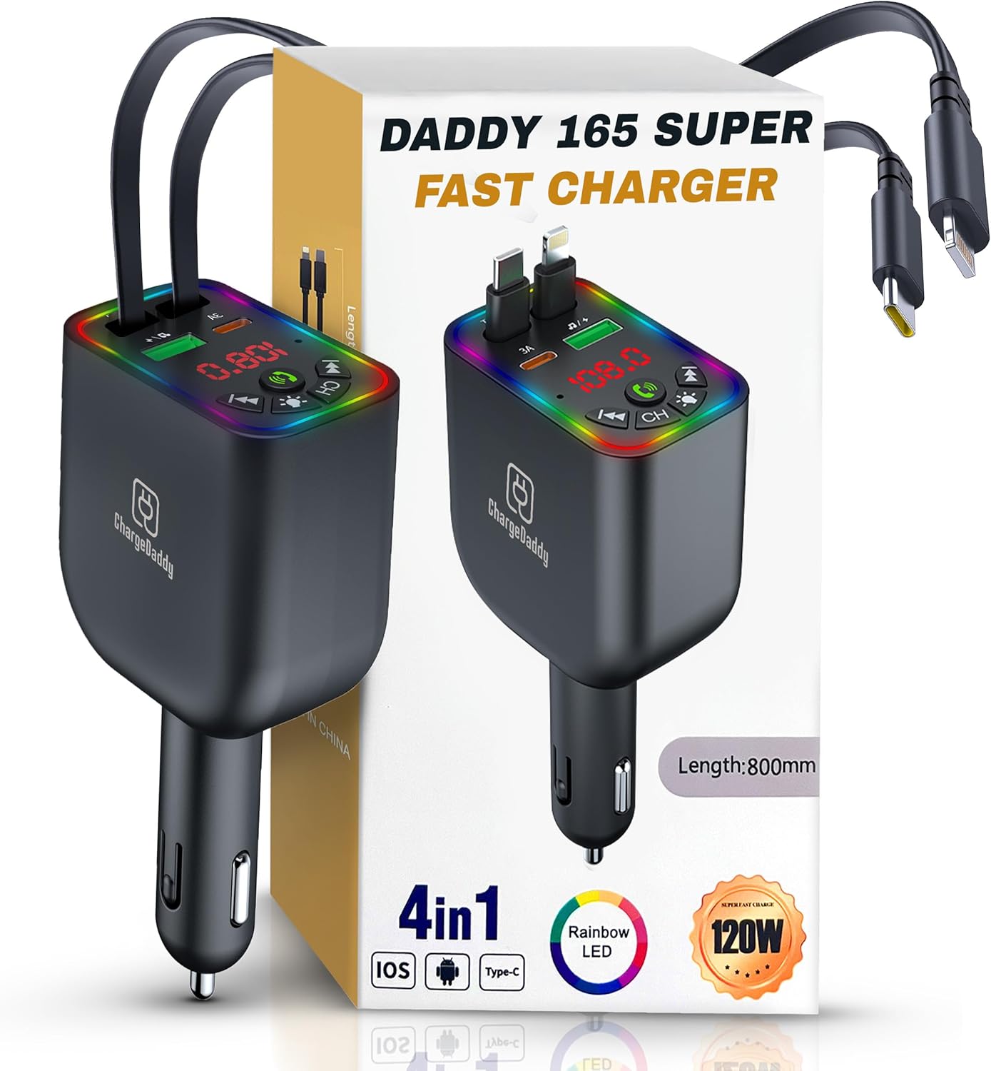 Bluetooth 5.3 Car FM Transmitter with 120W Max Power, Retractable Cables (80cm), Digital Display, Hands-Free Calling, Noise Canceling, and Dual Device Charging