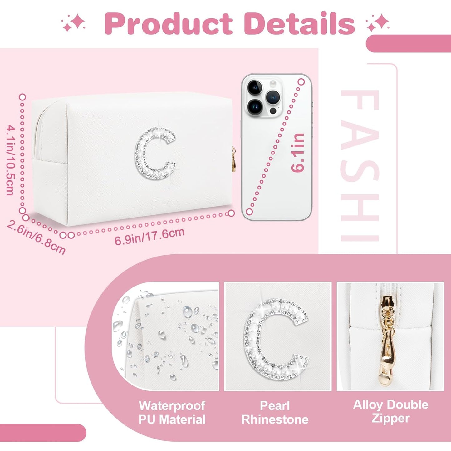 Bride Gifts – Personalized Initial Makeup Bag with Pearl Rhinestone Patch, Preppy White Monogram Cosmetic/Toiletry Pouch, bridesmaid Gifts, Bridal Shower Gifts, Wedding Gifts, Bridal Gifts,C