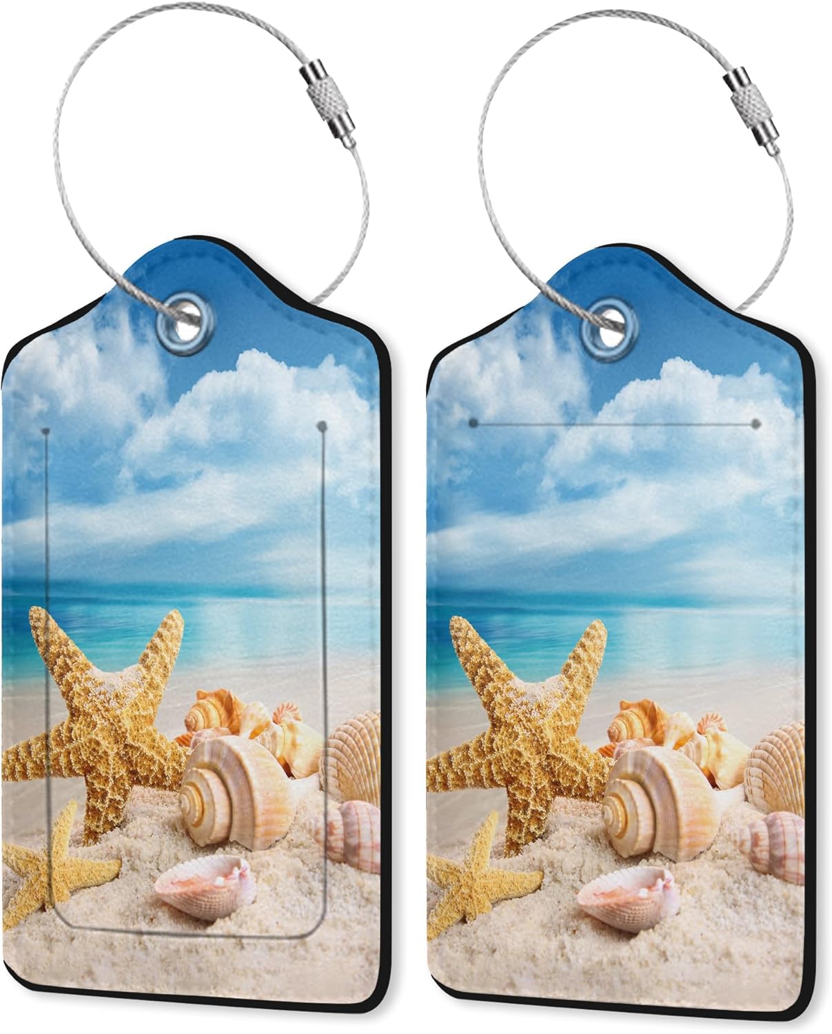 2 Pack Leather Luggage Tag for Suitcase Beach Starfish Seashell Seaside Unique Travel Tags with Privacy Cover ID Label & Stainless Steel Loop for Men and Women Baggage