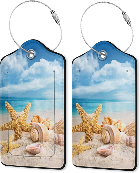 2 Pack Leather Luggage Tag for Suitcase Beach Starfish Seashell Seaside Unique Travel Tags with Privacy Cover ID Label & Stainless Steel Loop for Men and Women Baggage