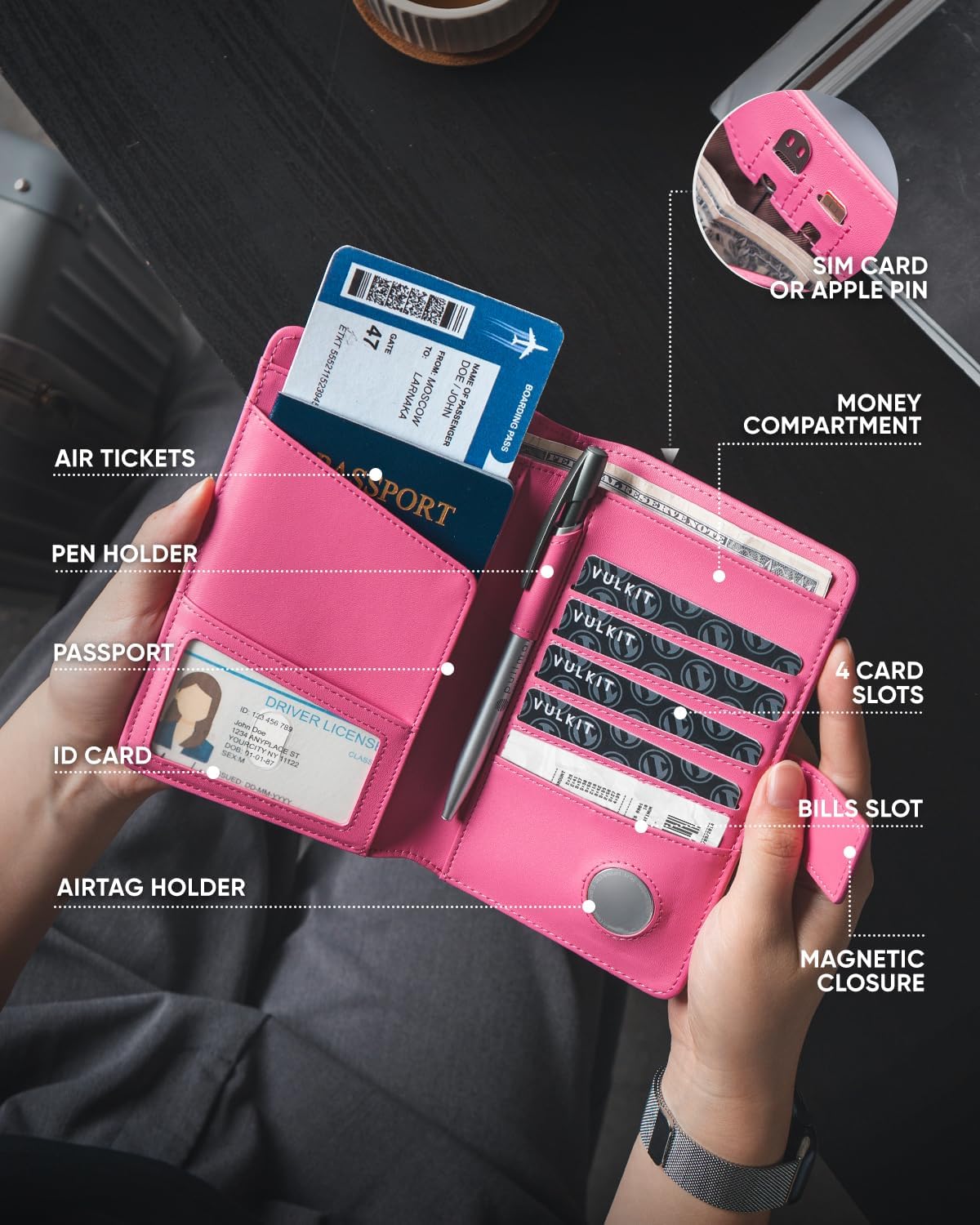 Real Leather Wallet Airtag Compatible RFID Bifold Travel Card Holder Black (Rose)
