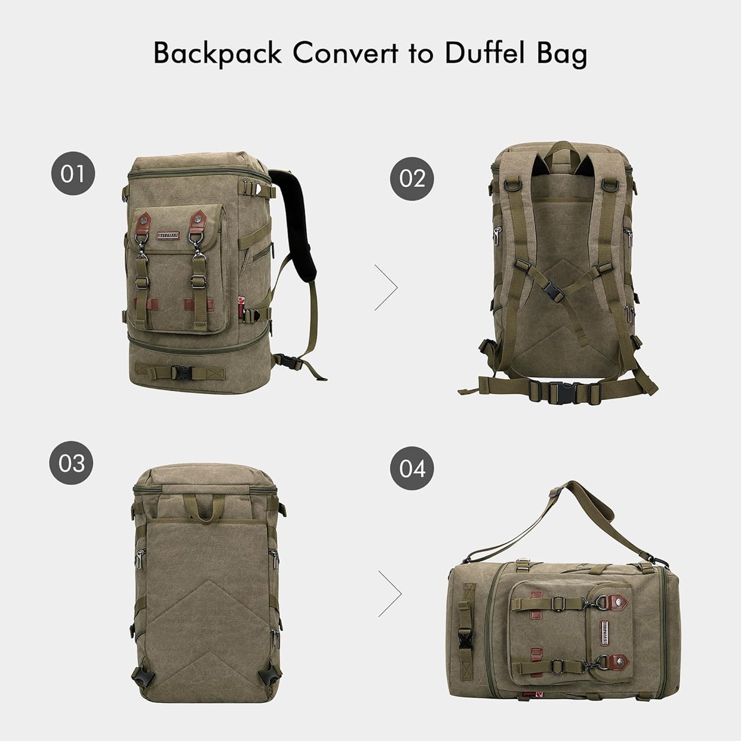 WITZMAN Travel Backpack for Men Women Canvas Backpack Carry on Luggage Rucksack Convertible Duffel Bag Large (A568 Army Green)